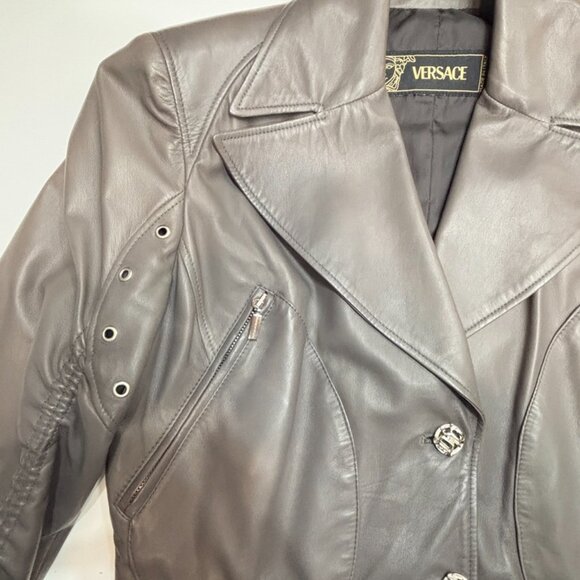 CRAZY COOL, SUPER RARE, NEW GIANNI VERSACE GRAY LEATHER PANT / JACKET SET 46 - Picture 8 of 16